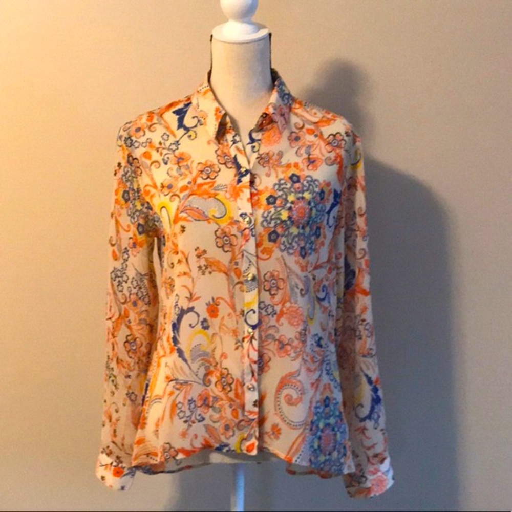 Kut from the Kloth Floral Button Down Shirt - Orange, Blue, Yellow